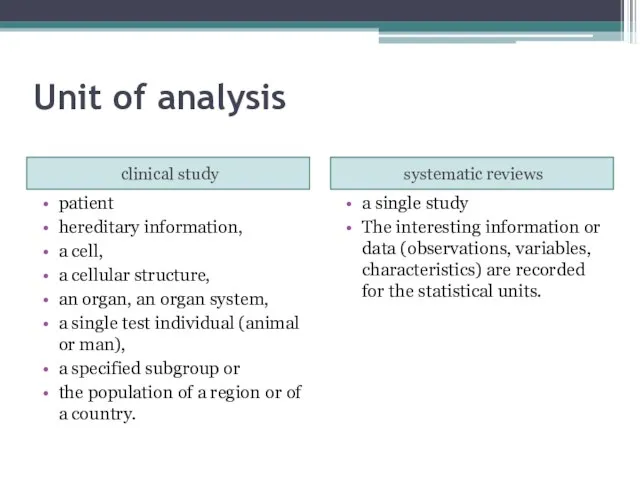 Unit of analysis clinical study systematic reviews patient hereditary information, a cell,