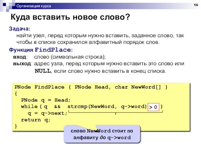Организация курса Куда вставить новое слово? Задача: найти узел, перед которым нужно