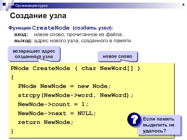 Организация курса Создание узла PNode CreateNode ( char NewWord[] ) { PNode