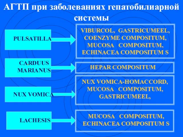 - - АГТП при заболеваниях гепатобилиарной системы CARDUUS MARIANUS PULSATILLA VIBURCOL, GASTRICUMEEL,