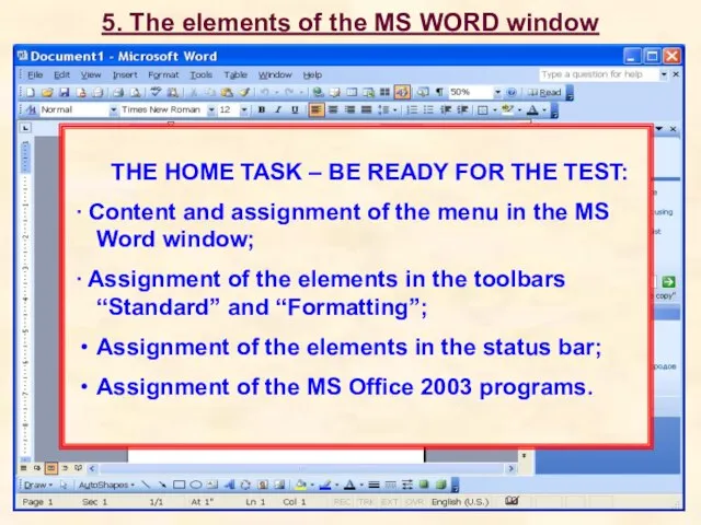 Title bar (raw) of the MS Word window Main menu of the