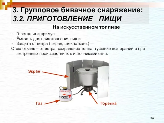 Горелка или примус Ёмкость для приготовления пищи Защита от ветра ( экран,