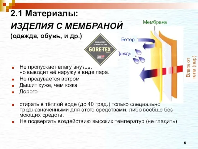 2.1 Материалы: ИЗДЕЛИЯ С МЕМБРАНОЙ (одежда, обувь, и др.) Не пропускает влагу