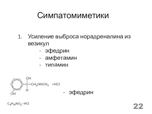 Симпатомиметики Усиление выброса норадреналина из везикул - эфедрин - амфетамин - тирамин - эфедрин