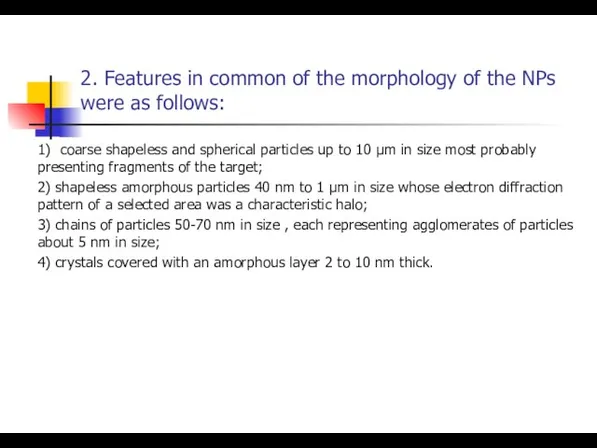 2. Features in common of the morphology of the NPs were as