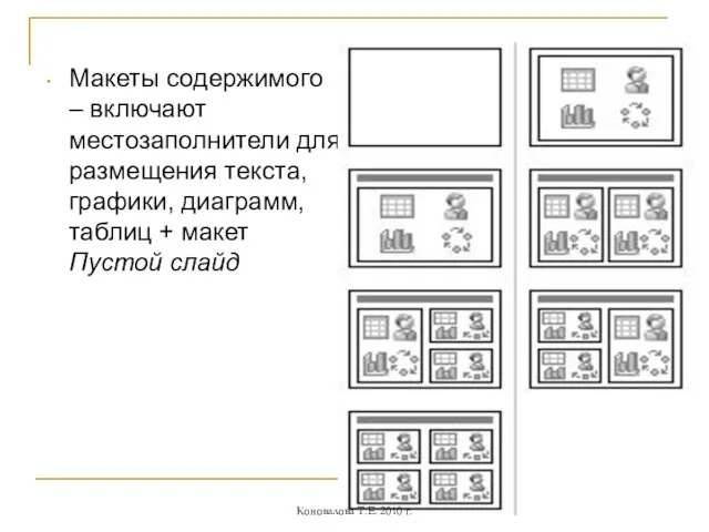 Макеты содержимого – включают местозаполнители для размещения текста, графики, диаграмм, таблиц +