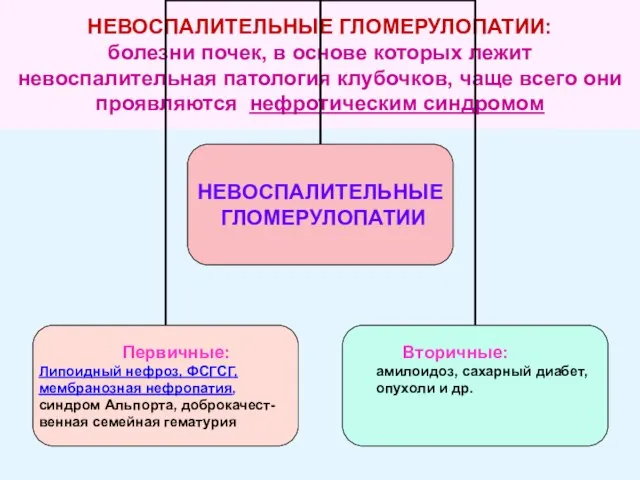 НЕВОСПАЛИТЕЛЬНЫЕ ГЛОМЕРУЛОПАТИИ: болезни почек, в основе которых лежит невоспалительная патология клубочков, чаще