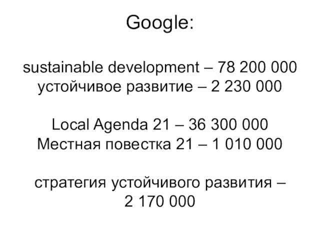 Google: sustainable development – 78 200 000 устойчивое развитие – 2 230