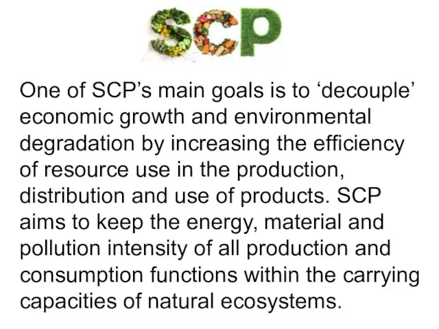 One of SCP’s main goals is to ‘decouple’ economic growth and environmental