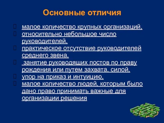 Основные отличия малое количество крупных организаций, относительно небольшое число руководителей, практическое отсутствие