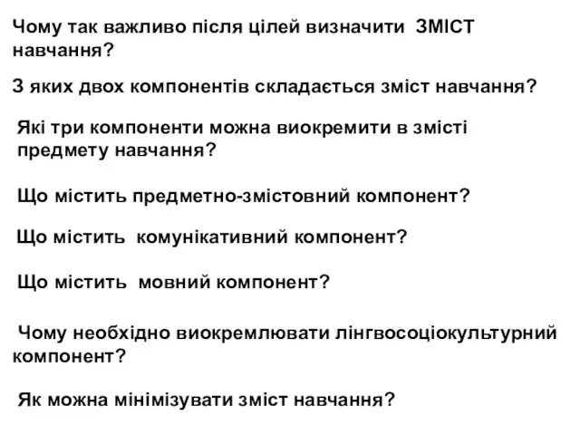 Чому так важливо після цілей визначити ЗМІСТ навчання? З яких двох компонентів