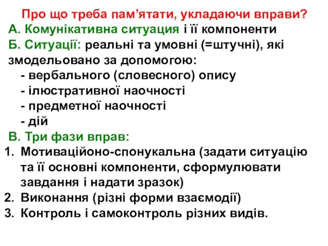 Про що треба пам’ятати, укладаючи вправи? А. Комунікативна ситуация і її компоненти