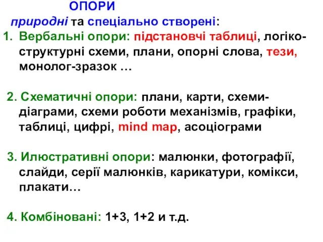 ОПОРИ природні та спеціально створені: Вербальні опори: підстановчі таблиці, логіко-структурні схеми, плани,