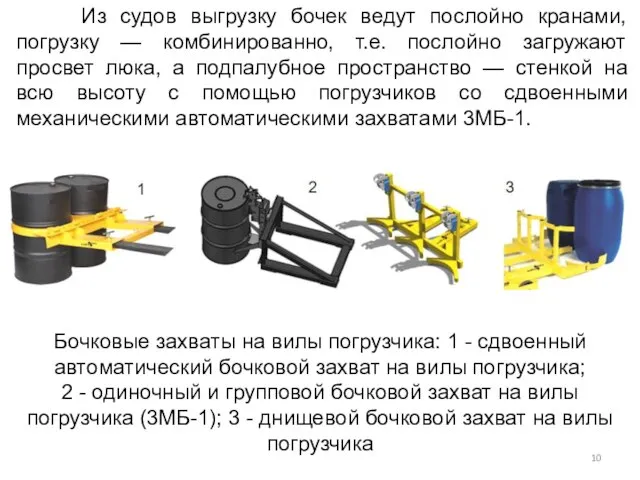 Из судов выгрузку бочек ведут послойно кранами, погрузку — комбинированно, т.е. послойно