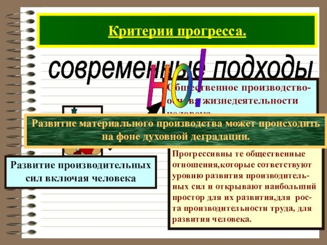 Критерии прогресса. современные подходы Прогрессивны те общественные отношения,которые сответствуют уровню развития производитель-