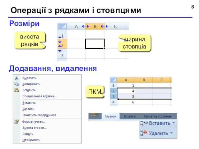 Операції з рядками і стовпцями Розміри висота рядків ширина стовпців Додавання, видалення ПКМ