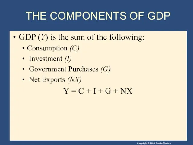 THE COMPONENTS OF GDP GDP (Y) is the sum of the following: