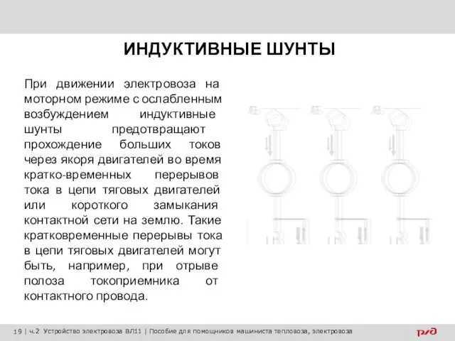 При движении электровоза на моторном режиме с ослабленным возбуждением индуктивные шунты предотвращают