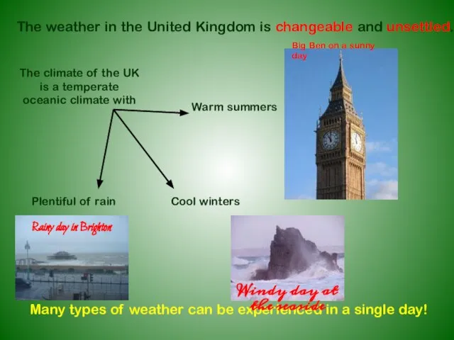 The weather in the United Kingdom is changeable and unsettled. Many types