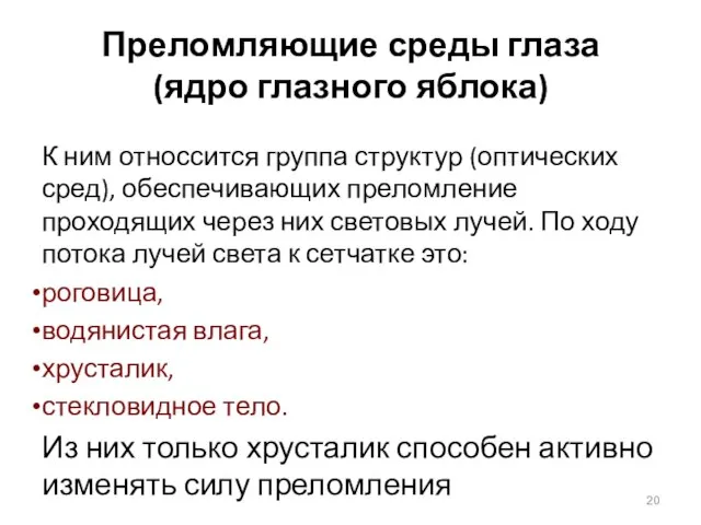 Преломляющие среды глаза (ядро глазного яблока) К ним относсится группа структур (оптических