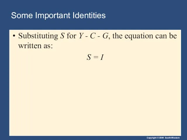 Some Important Identities Substituting S for Y - C - G, the