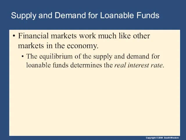 Supply and Demand for Loanable Funds Financial markets work much like other