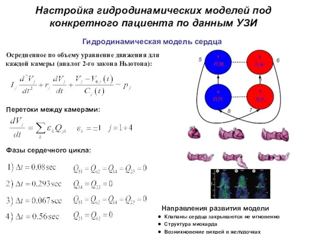 Гидродинамическая модель сердца Осредненное по объему уравнение движения для каждой камеры (аналог