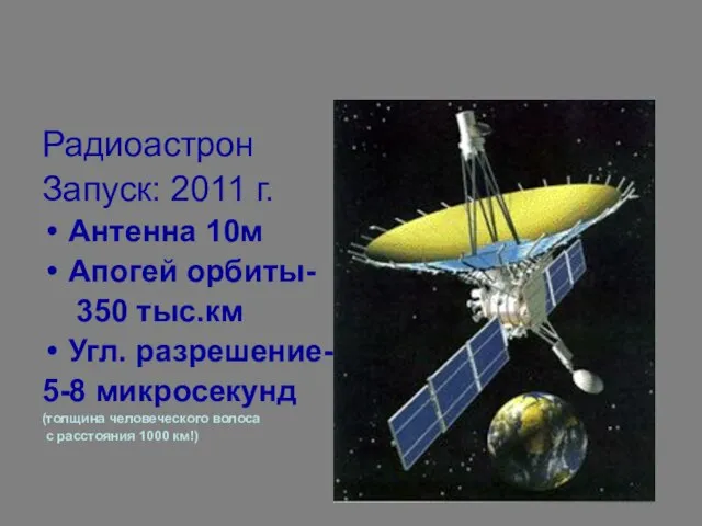 Радиоастрон Запуск: 2011 г. Антенна 10м Апогей орбиты- 350 тыс.км Угл. разрешение-