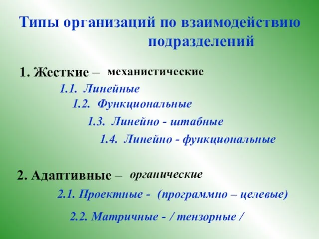 Типы организаций по взаимодействию подразделений 1. Жесткие – механистические 2. Адаптивные –