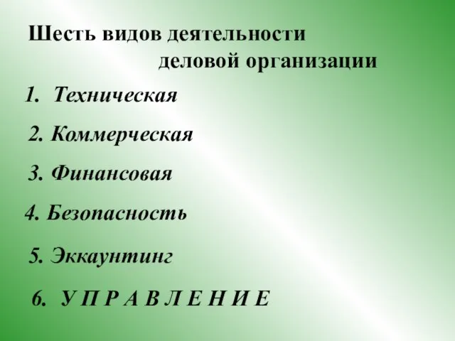 1. Техническая 2. Коммерческая 3. Финансовая 4. Безопасность 5. Эккаунтинг 6. У