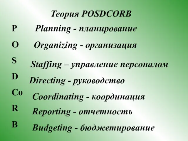 Planning - планирование Теория POSDCORB P O S D Co R B
