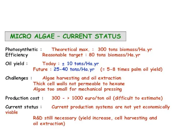 MICRO ALGAE – CURRENT STATUS Photosynthetic : Theoretical max. : 300 tons