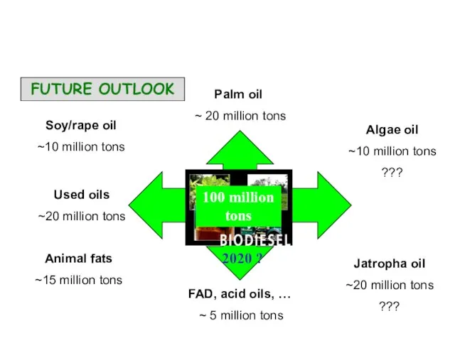 Soy/rape oil ~10 million tons Animal fats ~15 million tons Jatropha oil