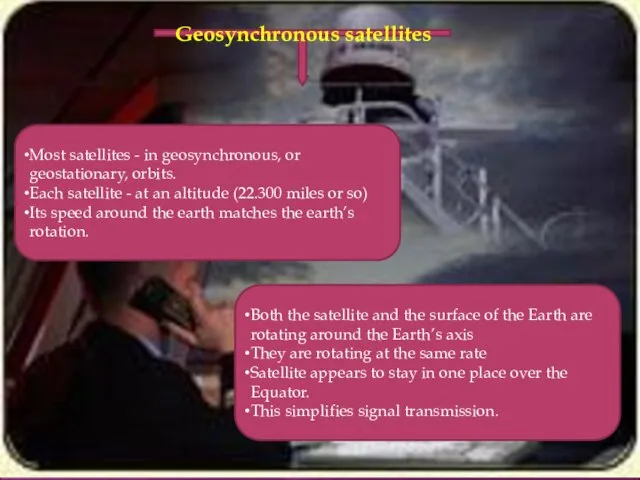 Geosynchronous satellites Most satellites - in geosynchronous, or geostationary, orbits. Each satellite