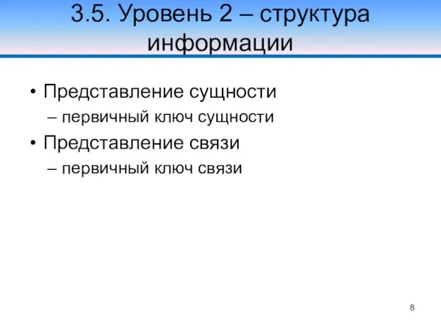 3.5. Уровень 2 – структура информации Представление сущности первичный ключ сущности Представление связи первичный ключ связи