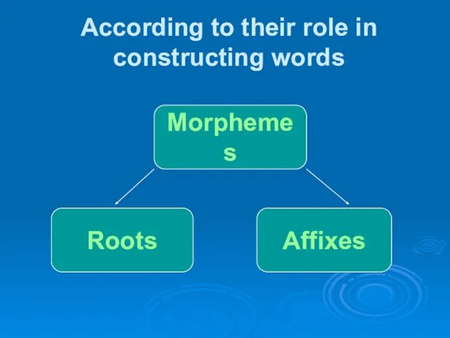 According to their role in constructing words Morphemes Roots Affixes