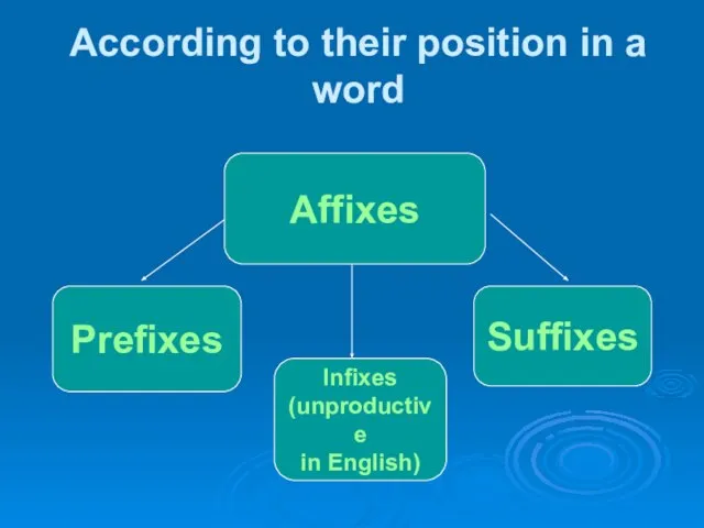 According to their position in a word Affixes Prefixes Suffixes Infixes (unproductive in English)