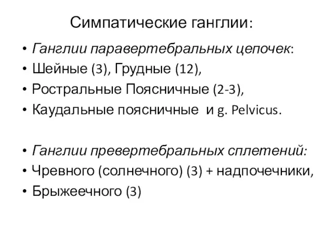 Симпатические ганглии: Ганглии паравертебральных цепочек: Шейные (3), Грудные (12), Ростральные Поясничные (2-3),