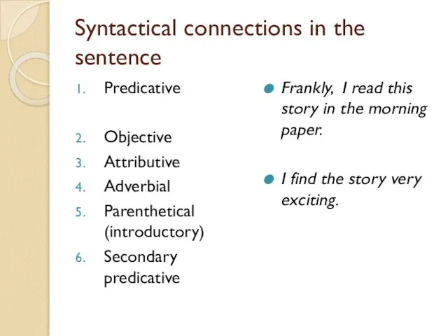 Syntactical connections in the sentence Predicative Objective Attributive Adverbial Parenthetical (introductory) Secondary