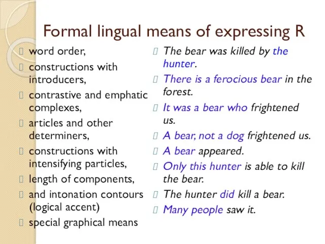 Formal lingual means of expressing R word order, constructions with introducers, contrastive