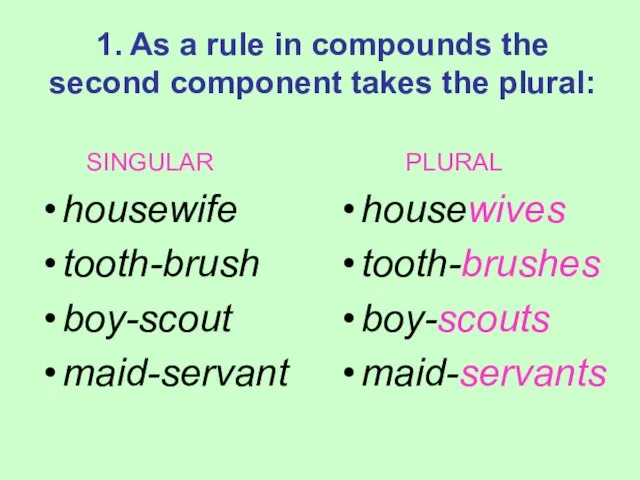1. As a rule in compounds the second component takes the plural: