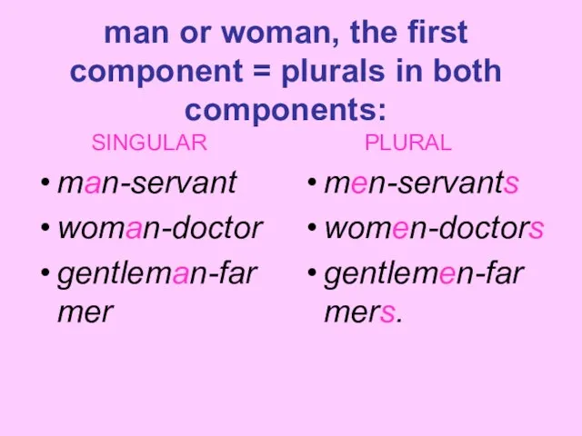 man or woman, the first component = plurals in both components: SINGULAR