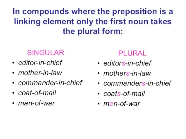 In compounds where the preposition is a linking element only the first