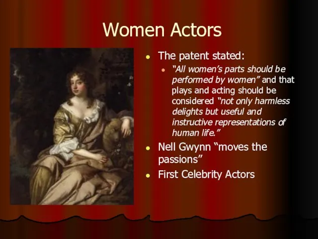 Women Actors The patent stated: “All women’s parts should be performed by