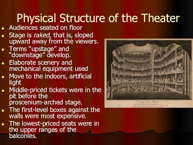 Physical Structure of the Theater Audiences seated on floor Stage is raked,