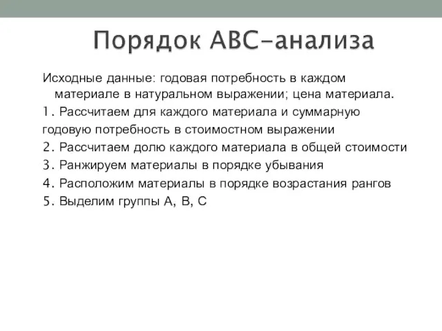 Исходные данные: годовая потребность в каждом материале в натуральном выражении; цена материала.