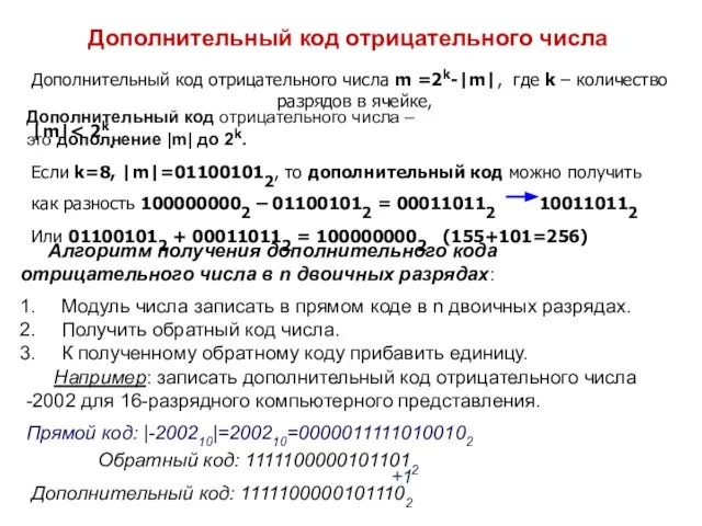 Алгоритм получения дополнительного кода отрицательного числа в n двоичных разрядах: Модуль числа