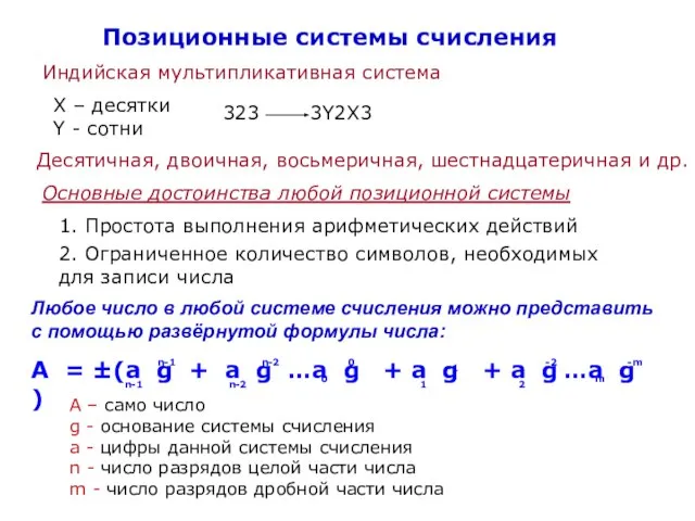 Десятичная, двоичная, восьмеричная, шестнадцатеричная и др. Основные достоинства любой позиционной системы 1.