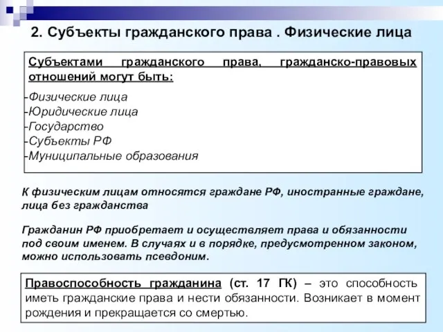 2. Субъекты гражданского права . Физические лица К физическим лицам относятся граждане