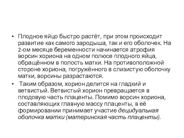 Плодное яйцо быстро растёт, при этом происходит развитие как самого зародыша, так